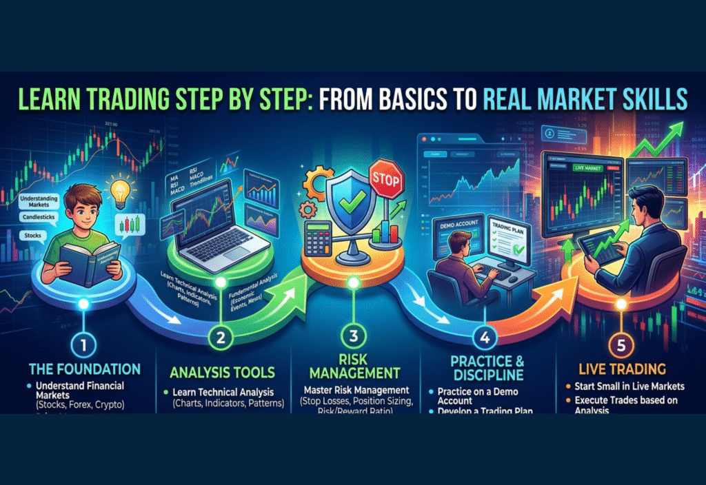 Learn trading step by step guide showing trading chart, strategy, and market analysis for beginners