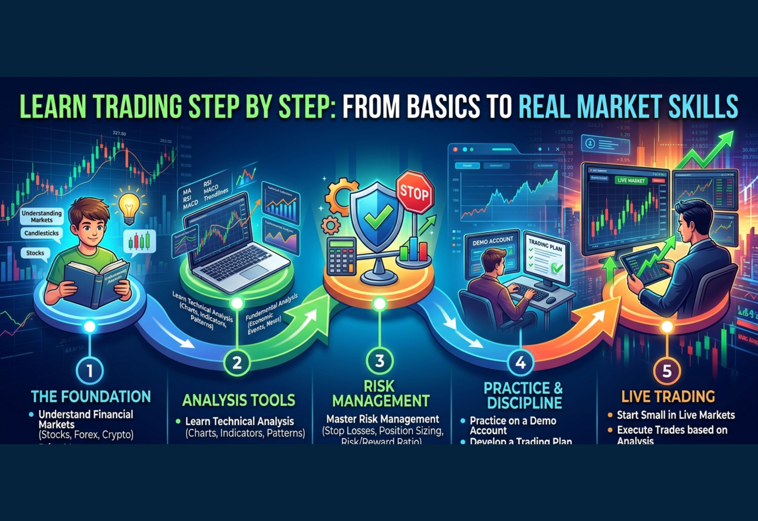 Learn trading step by step guide showing trading chart, strategy, and market analysis for beginners