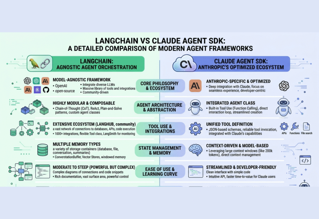 LangChain vs Claude Agent SDK: A Detailed Comparison of Modern Agent Frameworks LangChain vs Claude SDK comparison diagram showing features and differences