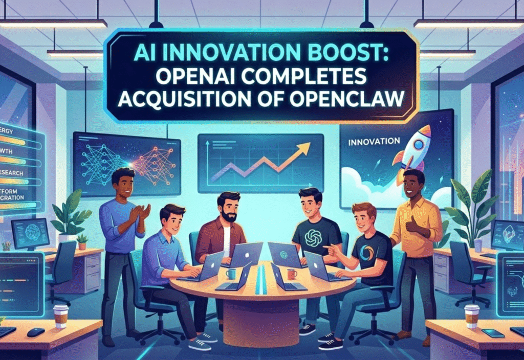 OpenAI and OpenClaw logos with AI-powered robotics in action, illustrating acquisition, autonomous AI systems, and industry innovation