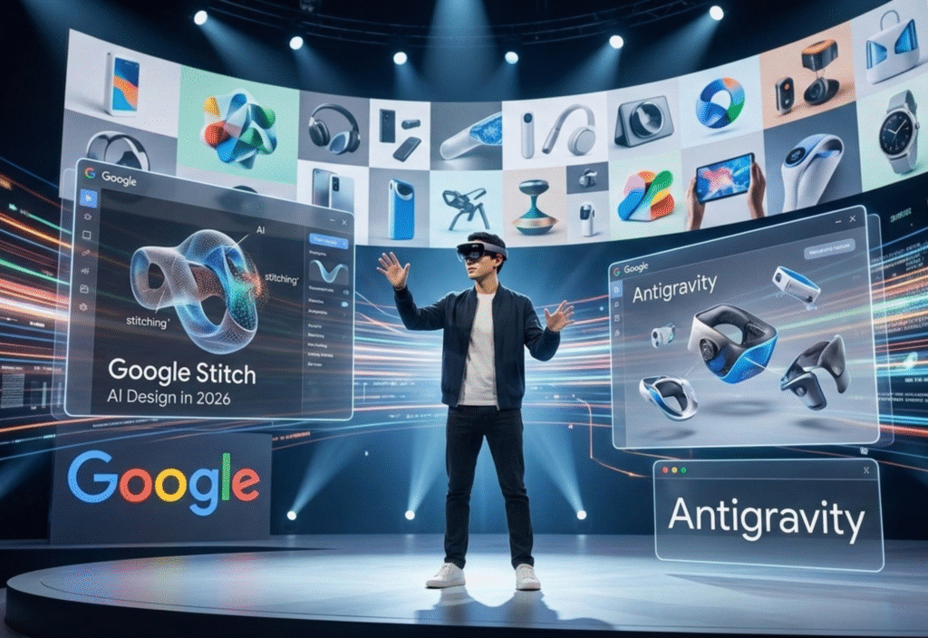 AI Design 2026 showing Google Stitch modular AI development and Antigravity simulation workflow