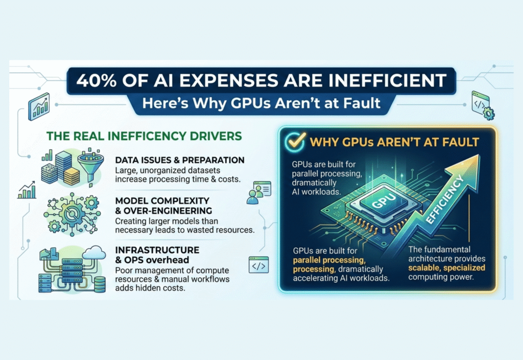 40% of AI Expenses Are Inefficient — Here’s Why GPUs Aren’t at Fault AI expenses inefficiency showing GPU clusters, cloud infrastructure, and wasted AI spending
