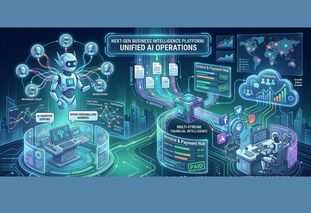 AI-Powered Business Solutions: Chatbots, Smart Invoice Processing, and Social Media Automation AI-powered business solutions dashboard showing chatbots, invoice processing, and social media automation