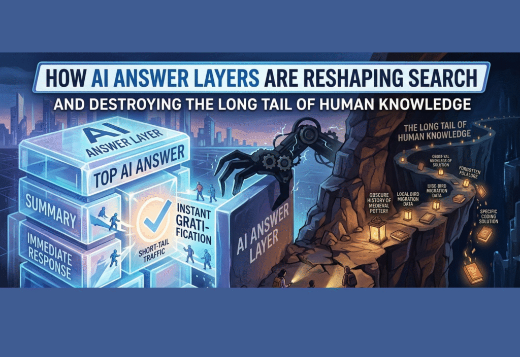 How AI Answer Layers Are Reshaping Search and Destroying the Long Tail of Human Knowledge Illustration of AI analyzing multiple sources, generating instant answers, and overshadowing niche knowledge in online search