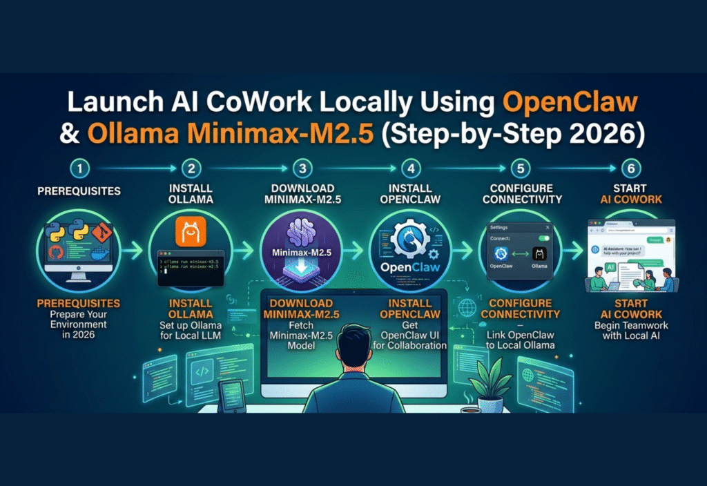 Launch AI CoWork Locally Using OpenClaw & Ollama Minimax-M2.5 (Step-by-Step 2026) Launch AI CoWork locally using OpenClaw and Ollama Minimax-M2.5 on a modern secure desktop setup with AI dashboards and task charts
