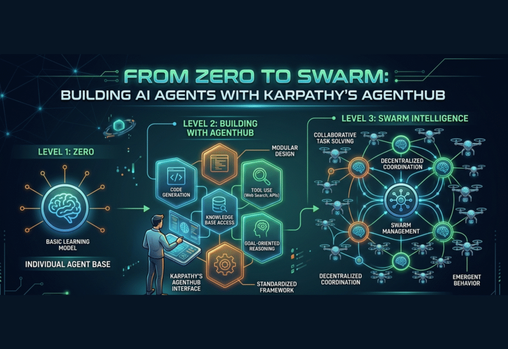 From Zero to Swarm: Building AI Agents with Karpathy’s AgentHub Comprehensive AI agent swarm showing collaboration, workflow, coding, and real-world applications
