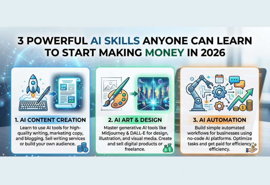 AI skills to make money in 2026 including chatbots, data analysis, and content creation”