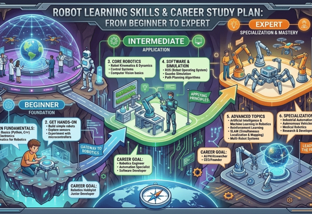 Robot learning career path illustration showing robots, AI, and machine learning concepts