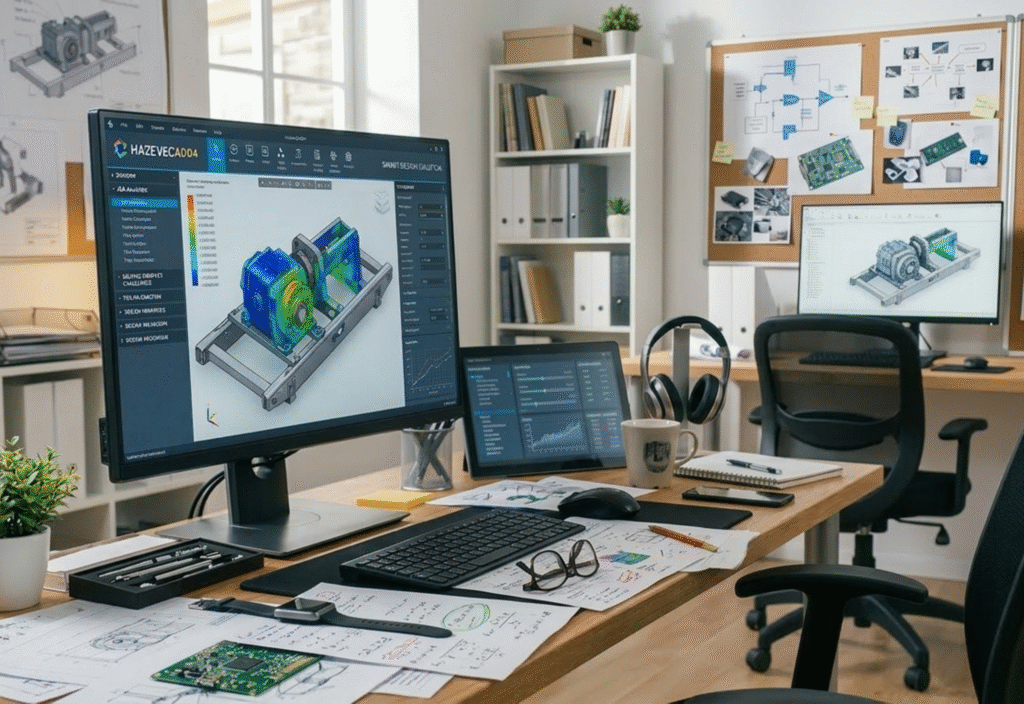 Hazevecad04 design software on PC interface showing workflow tools