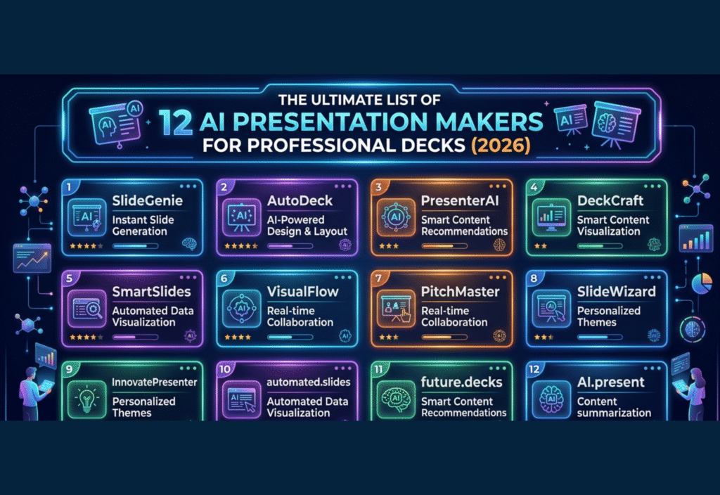 The Ultimate List of 12 AI Presentation Makers for Professional Decks (2026) Overview of the 12 best AI presentation makers 2026 with sample slides and dashboards