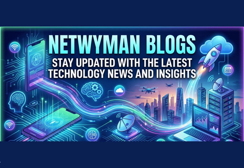 Screenshot of Netwyman Blogs homepage showing articles on AI, cybersecurity, cloud computing, and networking trends