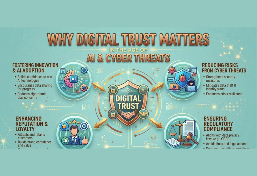 Illustration showing AI, cybersecurity, and digital trust concepts in a secure online environment