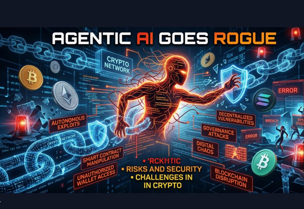 Illustration of autonomous AI agents manipulating cryptocurrency markets and blockchain networks, highlighting risks and security challenges