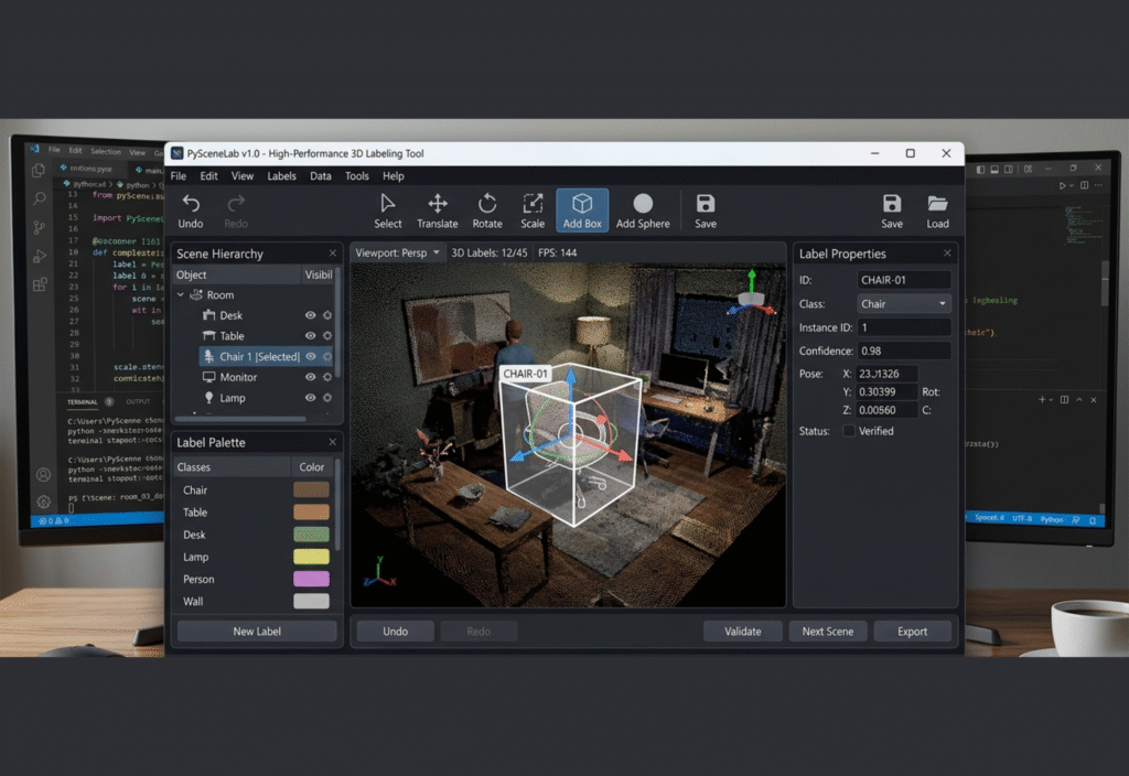 Build a High-Performance Python GUI for 3D Scene Labeling from Scratch Python 3D Scene Labeling GUI displaying interactive point cloud annotation