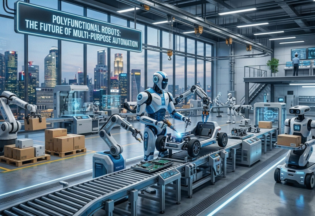 Polyfunctional robot performing multiple tasks in a modern automated factory environment