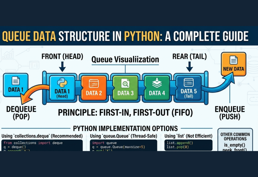Queue data structure in Python example showing FIFO concept with enqueue and dequeue operations