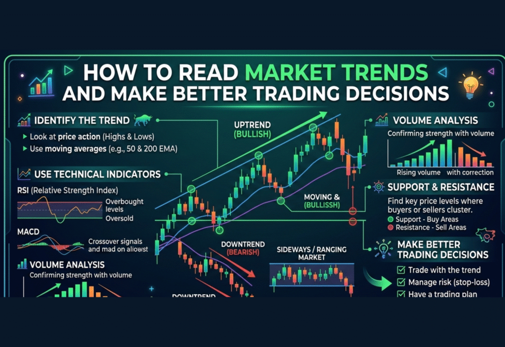 Market Trends Trading overview showing uptrend, downtrend, moving averages, support & resistance, and risk management