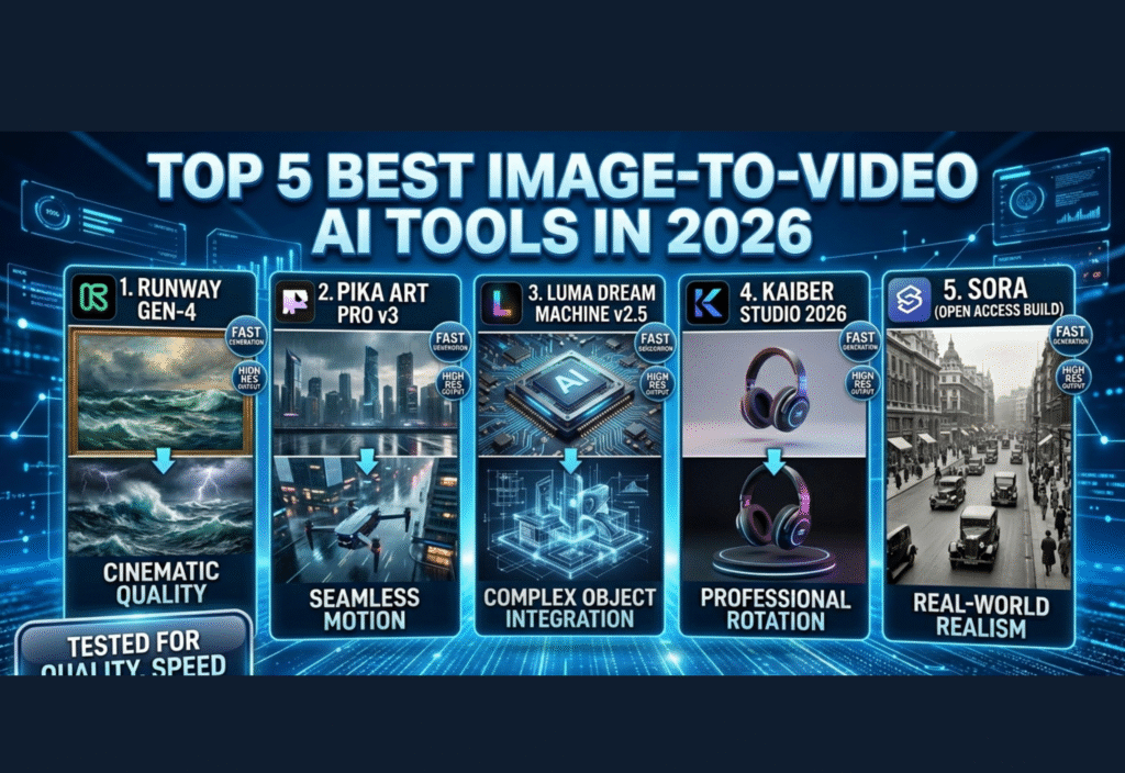 Top 5 Best Image-to-Video AI Tools in 2026 (Tested for Quality, Speed & Real Results) Image showing top AI tools converting images into videos in 2026