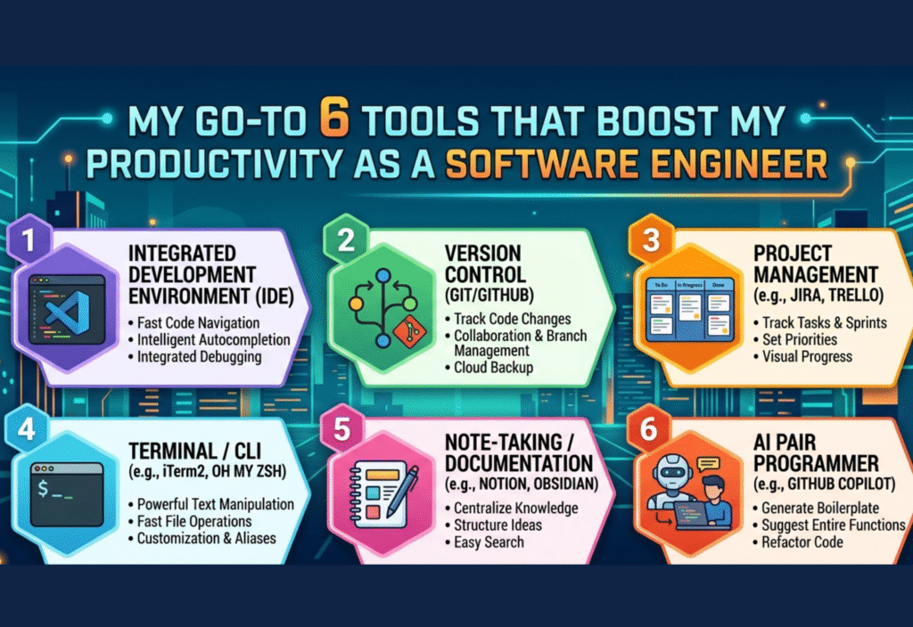 Software engineer productivity tools showing coding environment, version control, and collaboration tools