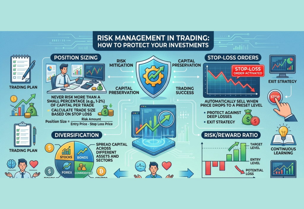 Risk management in trading concept showing stop loss, risk control, and investment protection