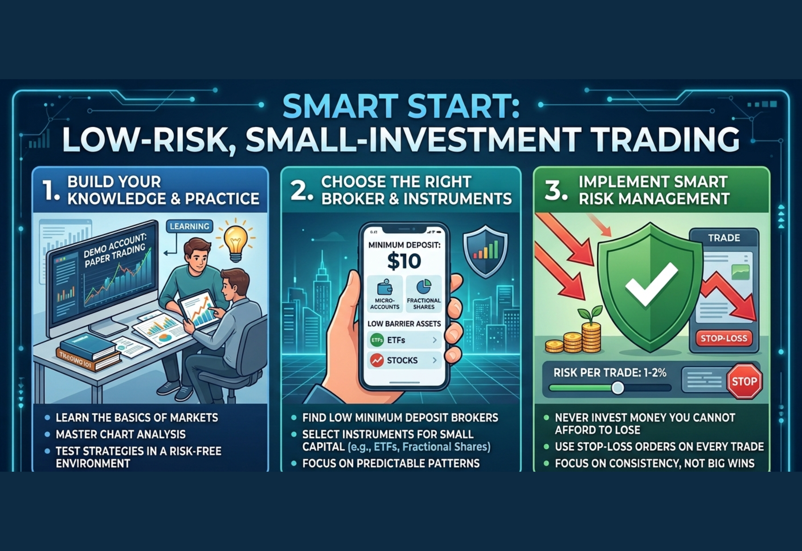 small investment trading beginner guide low risk trading concept
