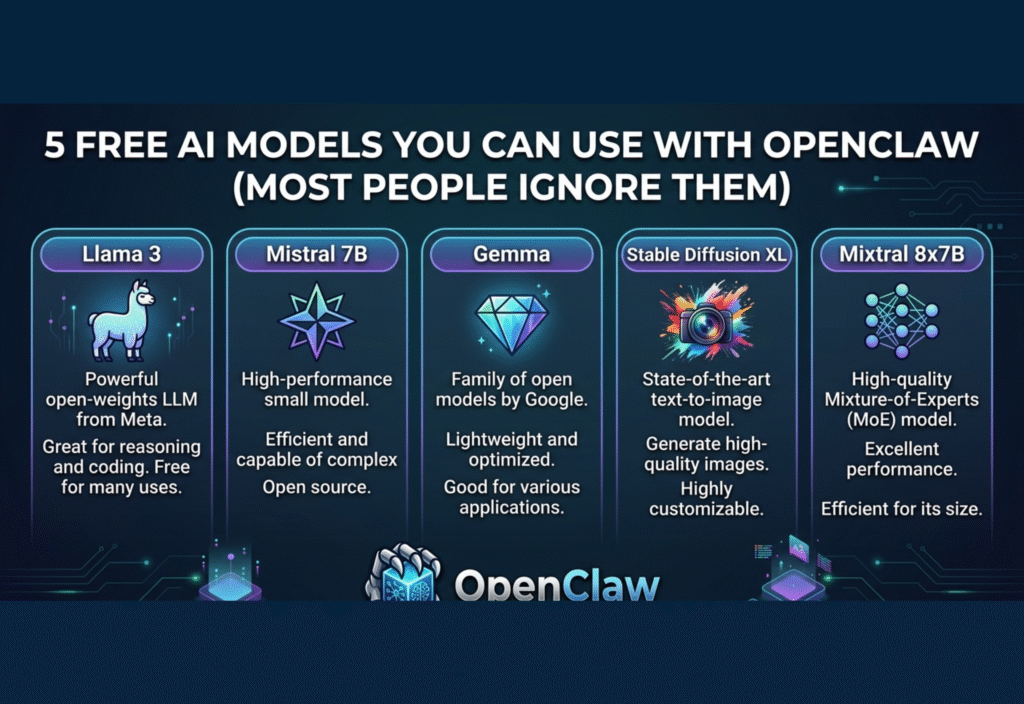 Free AI models for OpenClaw showing tools like Mistral, LLaMA, Phi-2, Gemma, and Falcon used for AI tasks