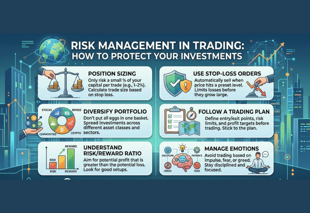 Risk Management in Trading overview showing stop-loss, position sizing, diversification, and disciplined strategies to protect investments
