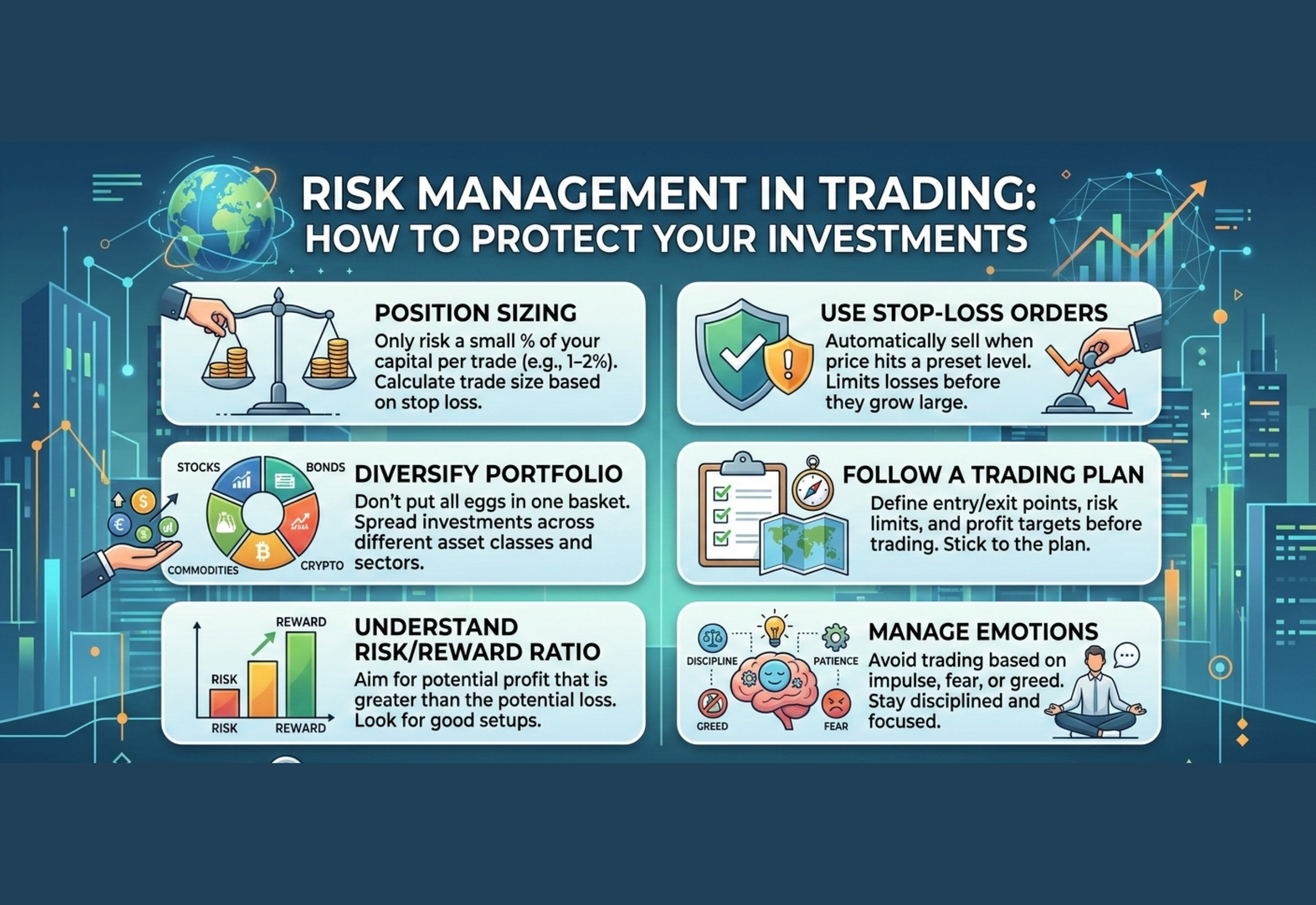 Risk Management in Trading overview showing stop-loss, position sizing, diversification, and disciplined strategies to protect investments