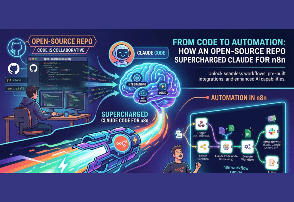 Complete Claude code n8n automation workflow showing AI processing, pre-built nodes, drag-and-drop interface, and real-world applications