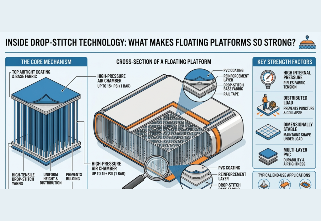 Drop stitch technology inside inflatable floating platform showing internal threads and structure