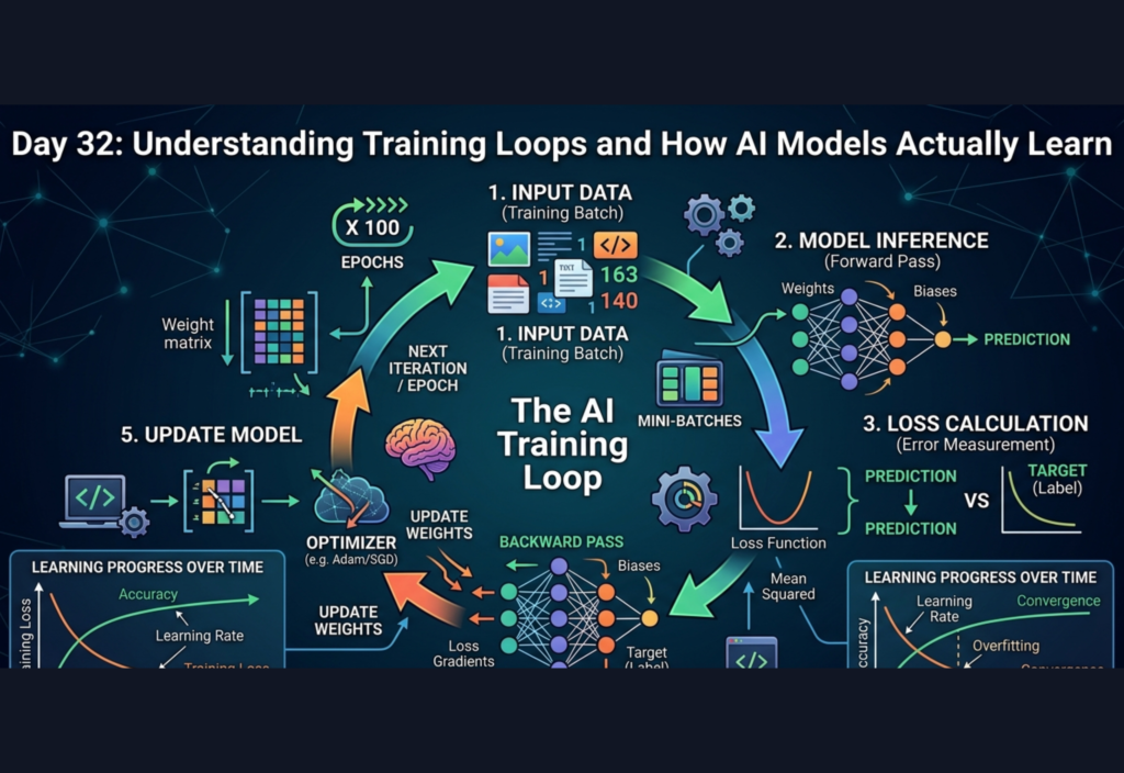 Training loops in AI diagram showing how AI models learn through data, loss function, and backpropagation