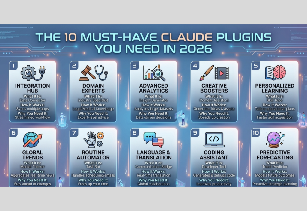 Claude plugins 2026 ecosystem showing AI integrations, automation, and tools connected to Claude AI