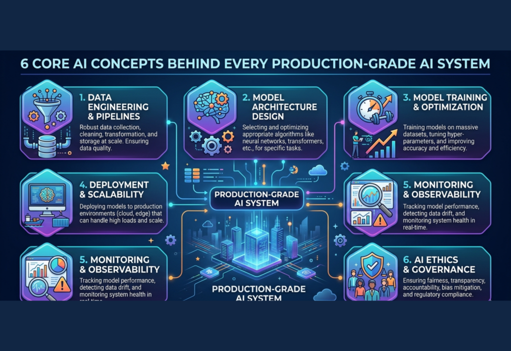Diagram showing 6 core AI concepts used in production-grade AI systems including data, model training, deployment, monitoring, feedback loops, and ethics