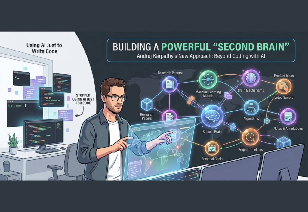Andrej Karpathy second brain concept showing AI as a digital knowledge assistant