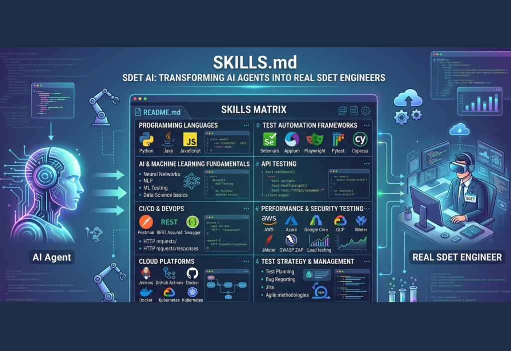 SKILLS.md SDET AI workflow showing how AI agents transform into automated testing engineers