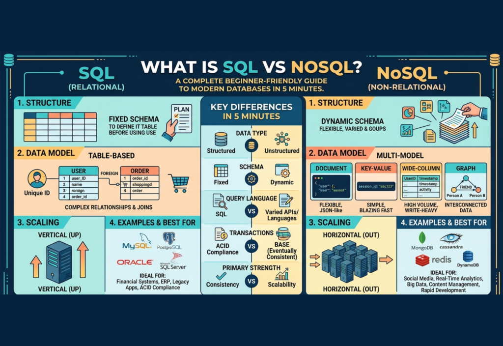 SQL vs NoSQL comparison diagram showing structured tables and flexible database formats