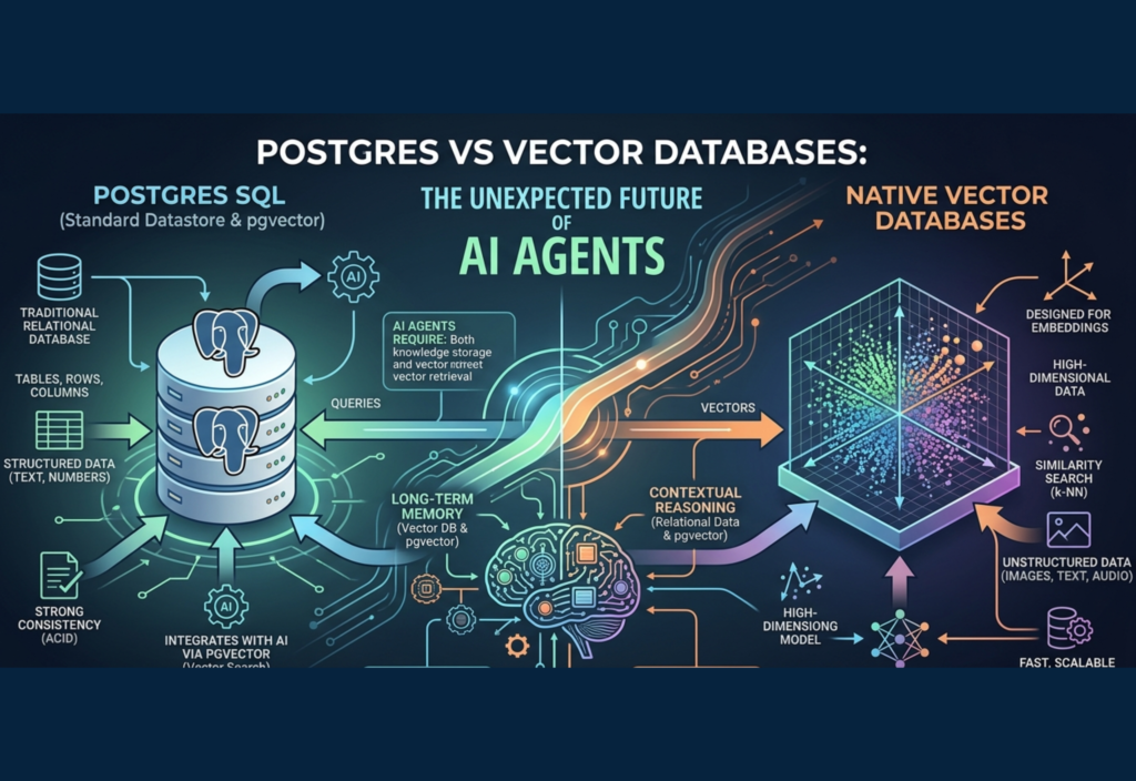 Comparison diagram of Postgres vs vector databases used in AI agents and modern data systems