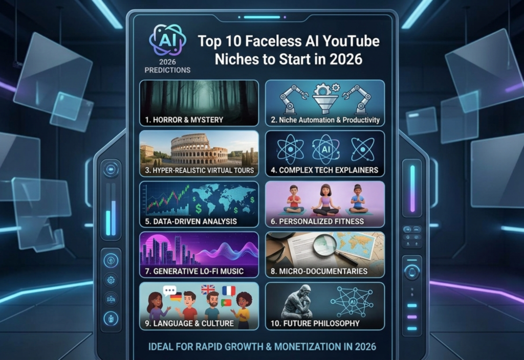 AI YouTube channel ideas 2026 for faceless content creation and monetization using AI tools