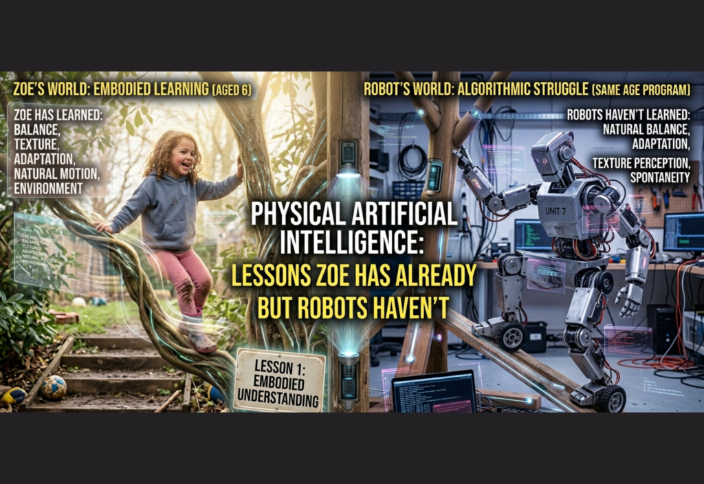 Physical Artificial Intelligence vs robots showing Zoe learning and adapting in a real-world environment