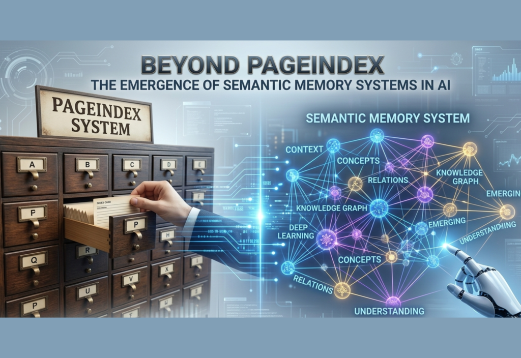 Diagram showing semantic memory systems in AI evolving beyond PageIndex into smarter knowledge-based AI