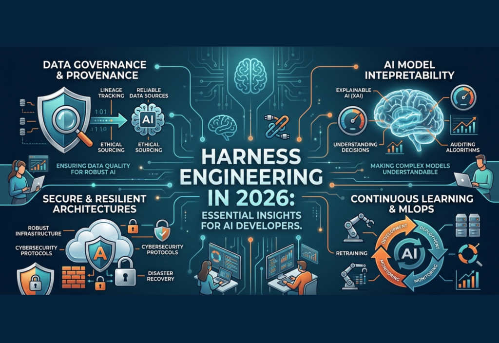 Harness Engineering in 2026 concept showing AI systems testing, monitoring, and improving performance