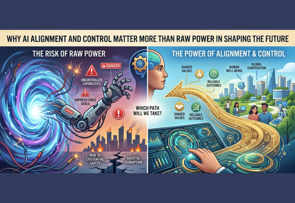 AI alignment and control concept showing balance between human values and artificial intelligence power