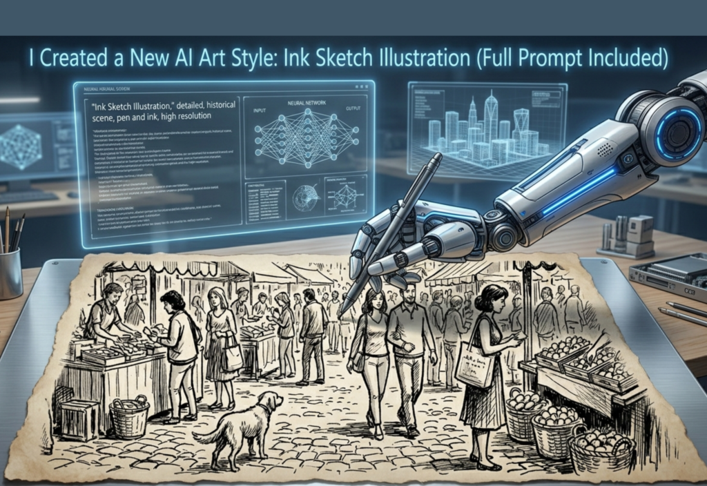 Ink Sketch AI Style illustration showing hand-drawn ink sketch design