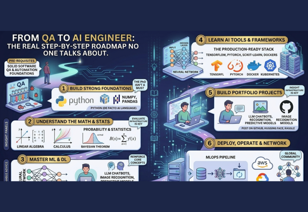 Step-by-step roadmap showing transition from QA engineer to AI engineer, including skills, tools, and learning path