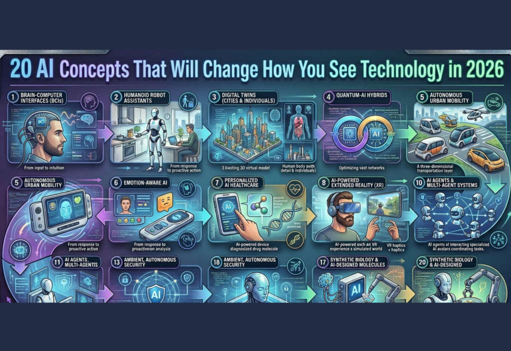 AI concepts 2026 illustration showing future artificial intelligence technology and innovation trends