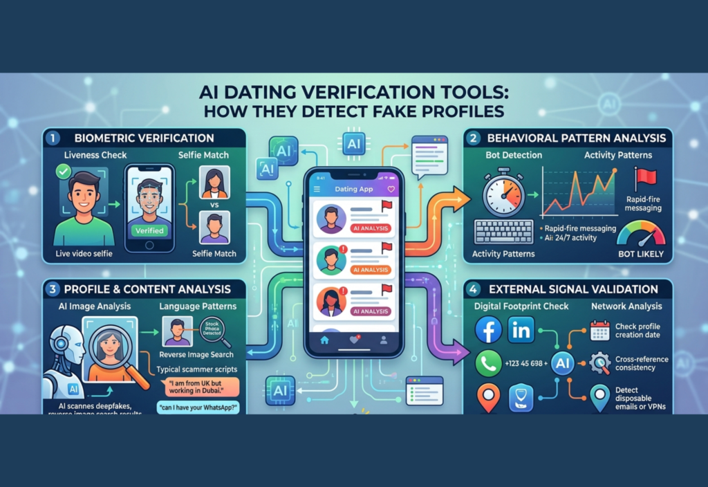 AI Dating Verification Tools: How They Detect Fake Profiles AI dating verification tools analyzing fake dating profiles using facial recognition and AI technology