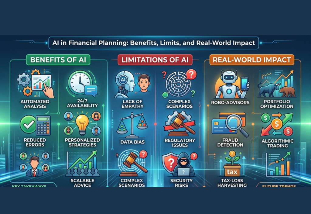 AI in financial planning analyzing budgeting, investments, and financial data on a digital dashboard