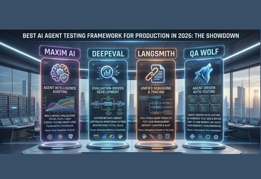 Best AI Agent Testing Framework for Production in 2026: Maxim AI vs DeepEval vs LangSmith vs QA Wolf AI Agent Testing Framework comparison showing Maxim AI, DeepEval, LangSmith and QA Wolf for production AI testing in 2026