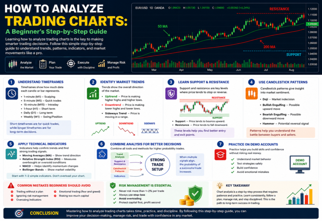 Beginner trading chart analysis guide showing trends, support resistance, candlestick patterns, and indicators