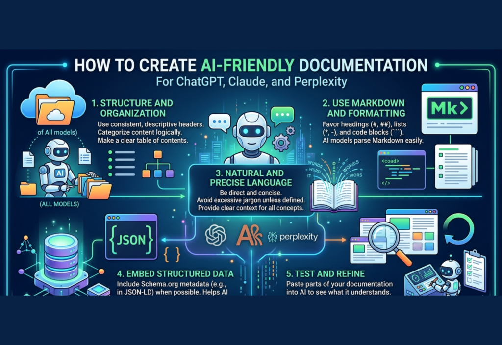 How to Create AI-Friendly Documentation for ChatGPT, Claude, and Perplexity Diagram showing structured AI-friendly documentation process for ChatGPT, Claude, and Perplexity including headings, examples, and formatting steps